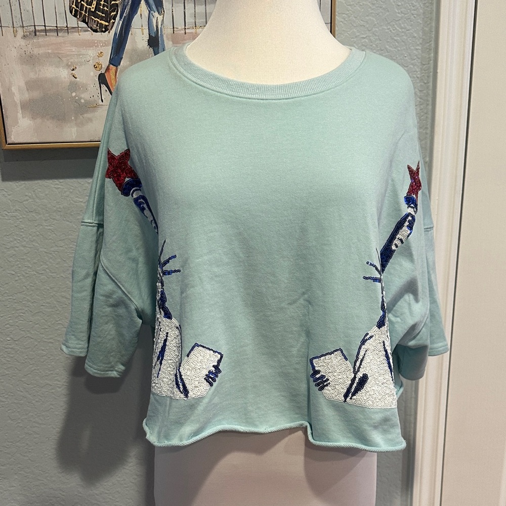 Peach Love CA Sz Large Oversized Statue of Liberty Mint Graphic Sweatshirt - Picture 2 of 9